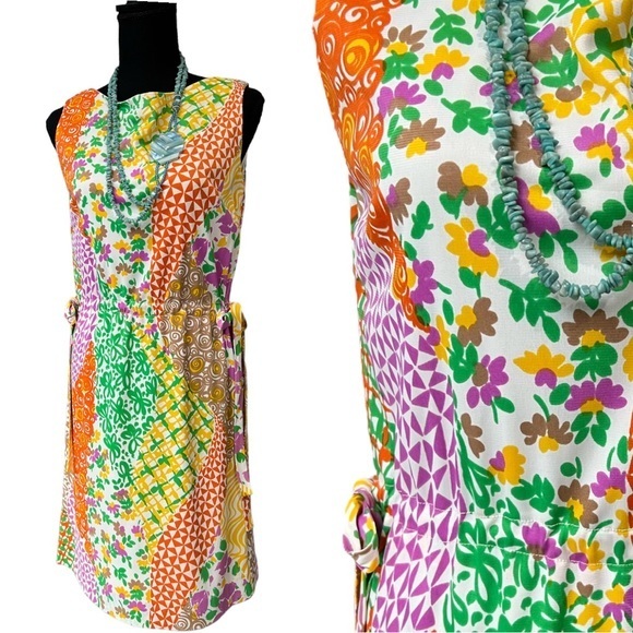 Vintage Dresses & Skirts - Vintage 60s Mod Mixed Pattern Bright Colorful Drawstring Shift Dress